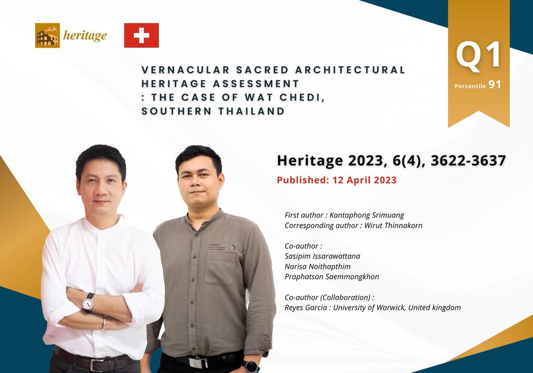 ขอแสดงความยินดีกับ รศ.ดร. วิรุจ ถิ่นนคร รักษาการแทนคณบดีและ อาจารย์ กันตพงศ์ ศรีเมือง อาจารย์สำนักวิชาสถาปัตย์ และ Asst.Dr.Reyes Garcia (University of Warwick,UK) ที่ได้รับการตีพิมพ์บทความวิจัยในวารสารระดับนานาชาติที่อยู่ในฐาน SCOPUS Q1 (Percentile 91)