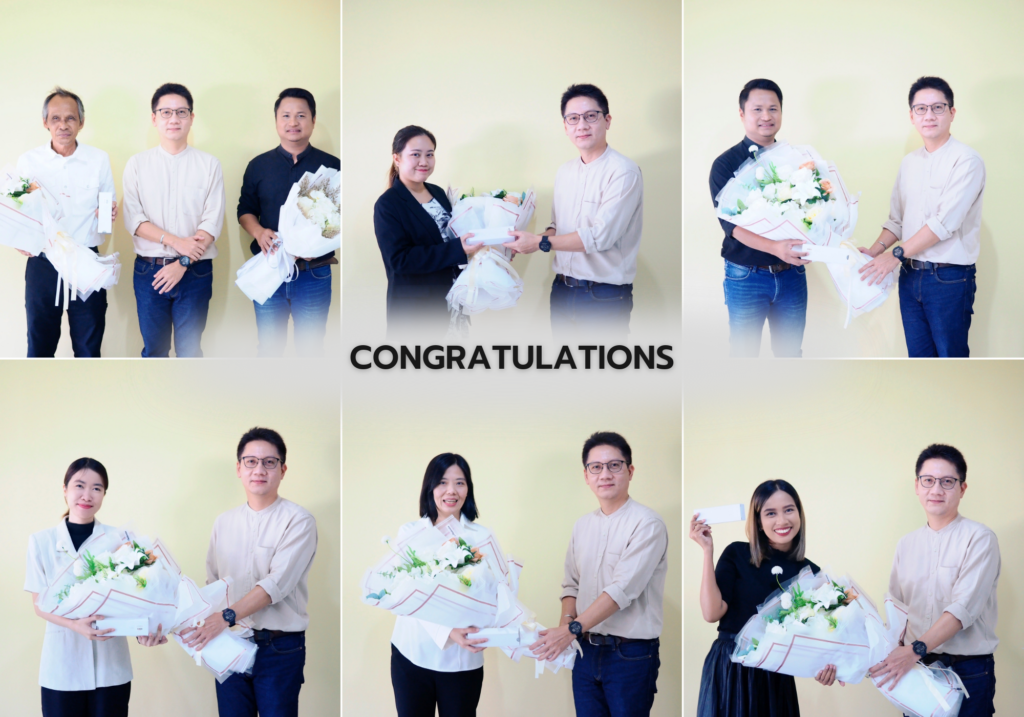 คณบดีมอบช่อดอกไม้และของที่ระลึกกับคณาจารย์ที่ได้รับการตีพิมพ์บทความวิจัยและคณาจารย์ที่ได้รับการรับรองมาตรฐาน UKPSF