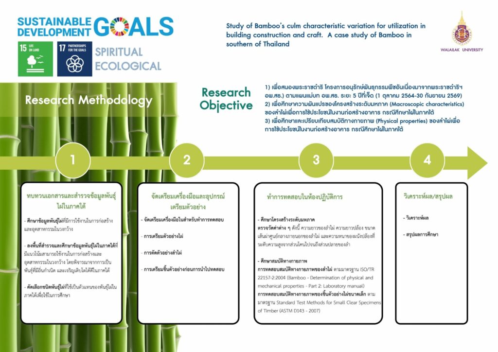 ชื่อโครงการวิจัย การศึกษาลักษณะความผันแปรของลาไผ่เพื่อการใช้ประโยชน์ในงานก่อสร้างอาคาร กรณีศึกษาไผ่ในภาคใต้
