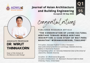 ในโอกาสที่บทความวิจัยเรื่อง “The conservation of living cultural heritage toward World Heritage inscription: a case study of Wat Phra Mahathat Woramahawihan, Thailand” ได้รับการเผยแพร่ (Published) ในวารสาร Journal of Asian Architecture and Building Engineering SCOPUS Q1, percentile: 95